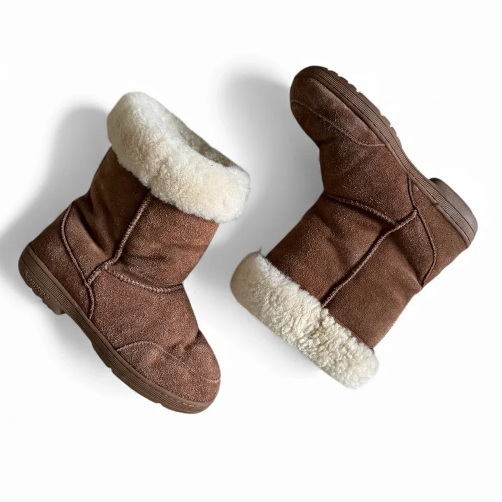 Bearpaw Suede Shearling Lined Short Winter Boots Warm Cozy Chestnut Brown Size 9